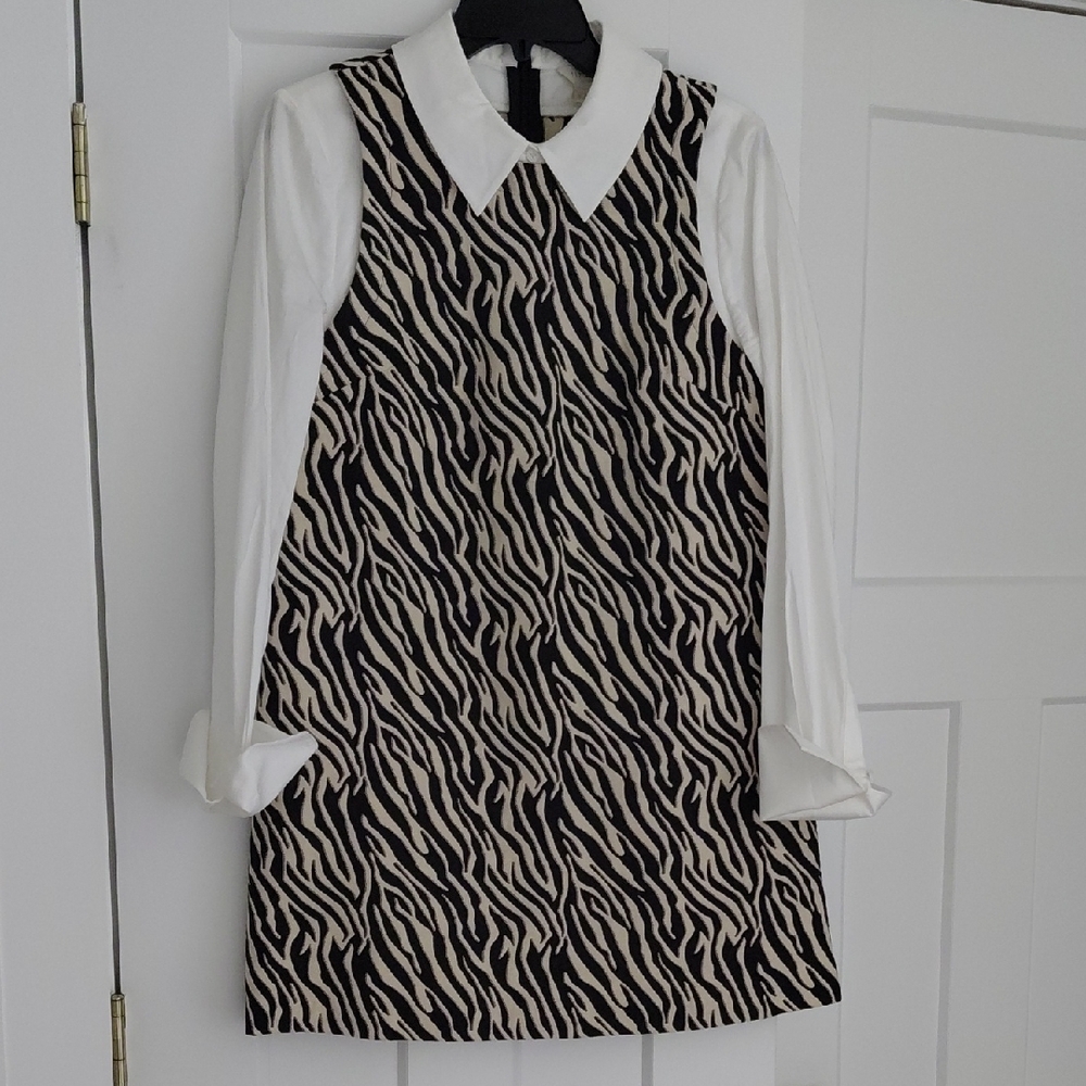 Ted Baker Black and Beige Zebra Print Dress with White Collar